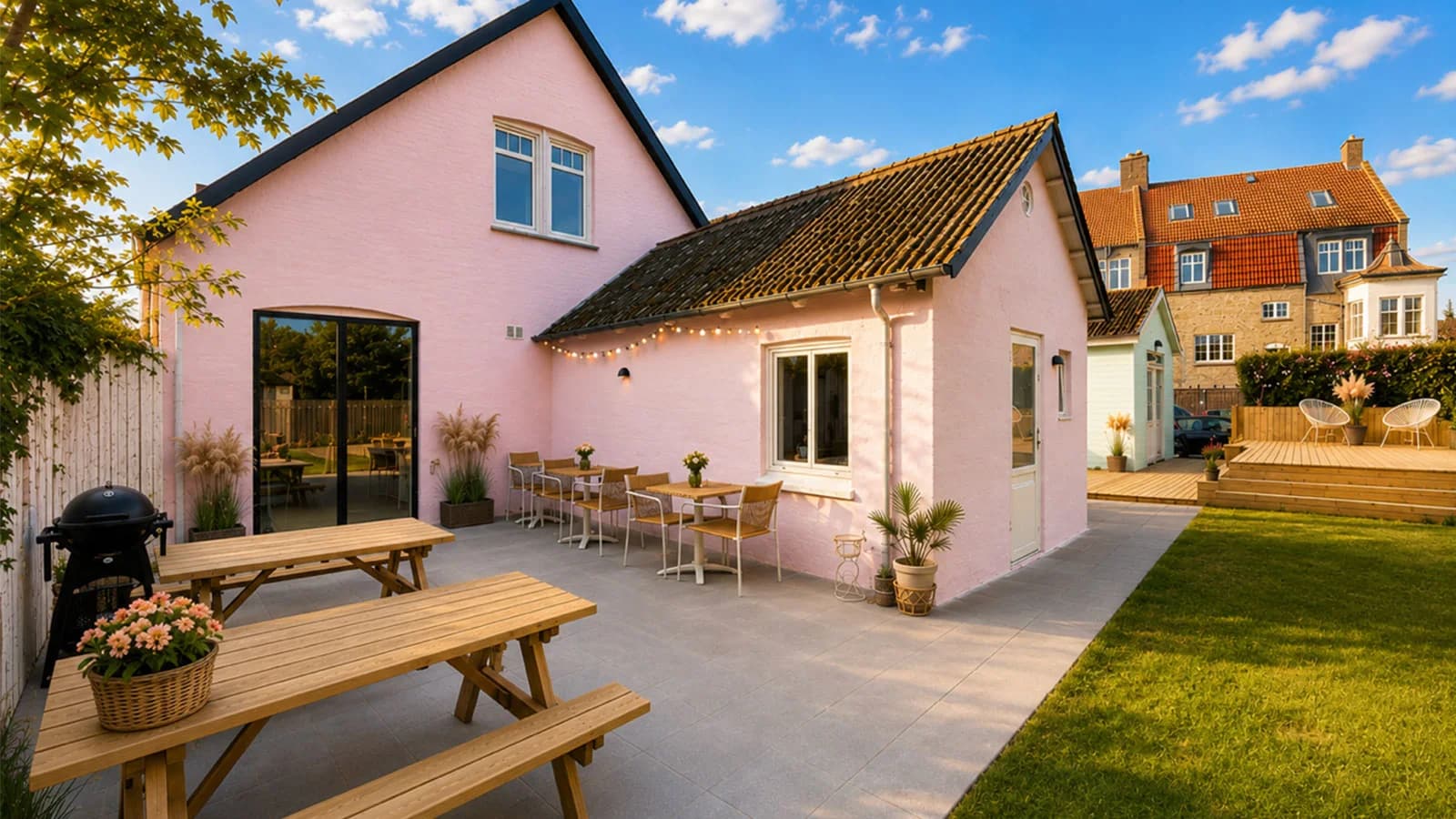 Det lyserøde hus med terrasse og bænke i haven