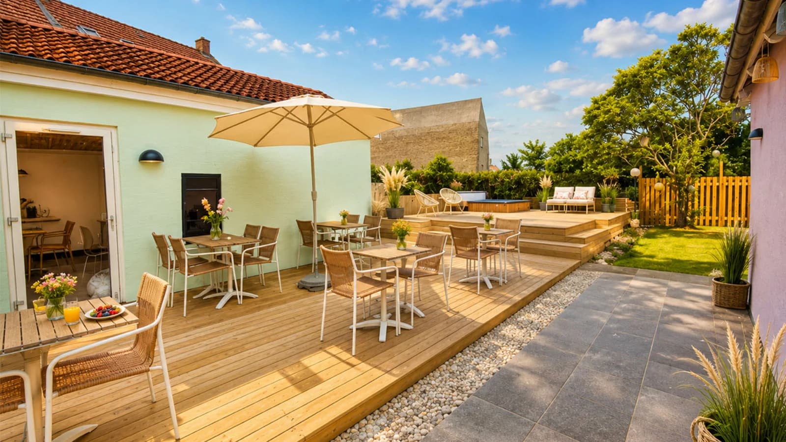 Terrassen ved det grønne hus med parasol og havemøbler